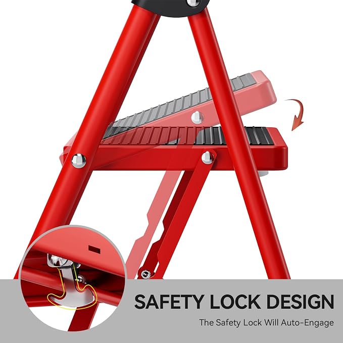 KINGRACK Step Ladder, Folding Ladder with Non-Slip and Wide Pedal, Small Ladders with Handle, Heavy Duty Steel Ladder, Lightweight Step Ladder (Red, 2 Step Ladder)