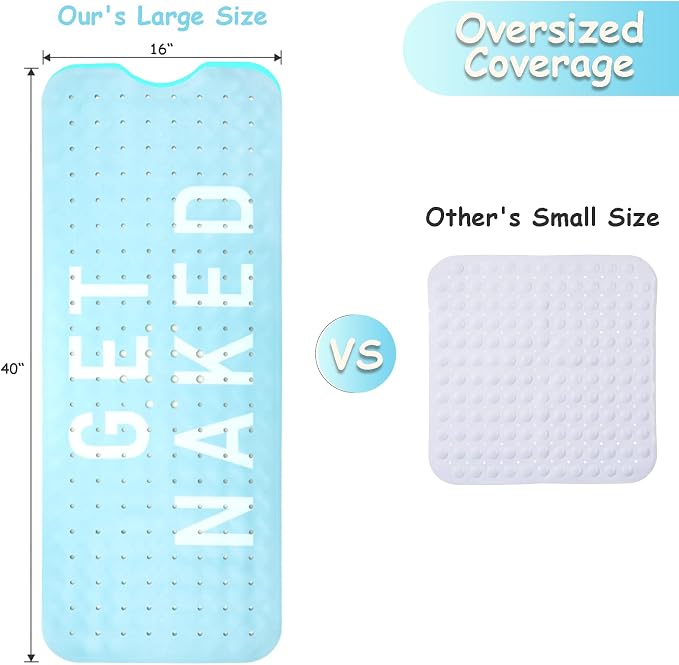 Bathtub Mat Non Slip, Get Naked Extra Long Bath tub Mat Shower Floor Mat with Suction Cups and Drain Holes for Adults Kids Elderly 40 X 16 Inch