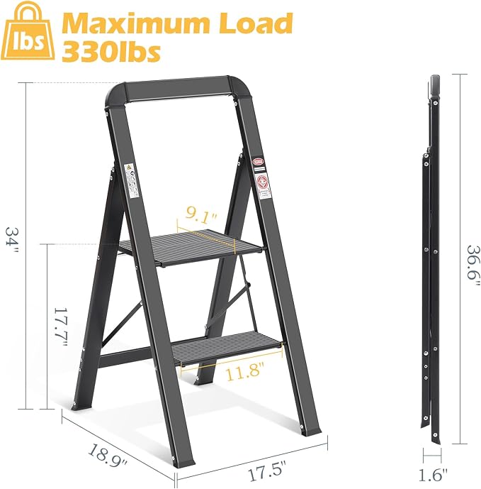 KINGRACK Aluminium 2 Step Ladder, Lightweight Step Stool with Non-Slip Pedals, Handrail, 330LBS Foldable Step Ladder for Kitchen, Garage, Home, Space Saving, Sturdy and Portable, Black