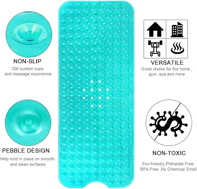 YINENN Bath and Shower Safety Mats 40x16 inch, Non Slip with Suction Cups for Bathroom Stall and Tub Floor, Extra Large and Machine Washable, Drain Holes Keep Bathtub Clean, Green