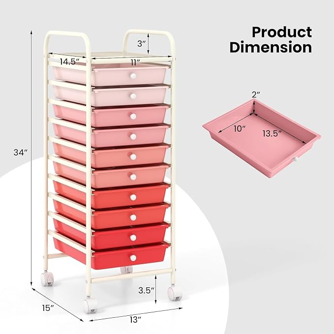 10-Drawer Rolling Storage Cart, Trolley w/Lockable 360° Wheels, 10 Removable PP Drawers, Sturdy Metal Frame, Rolling Utility Cart Perfect for Home, Office, Classroom (Mixed Pink)