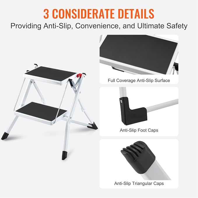 VEVOR Step Ladder 2-Step 330lbs Capacity, Ergonomic Folding Steel Step Stool with Wide Anti-Slip Pedal, Sturdy Step Stool for Adults Toddlers, Multi-Use for Household, Kitchen, Office, RVs