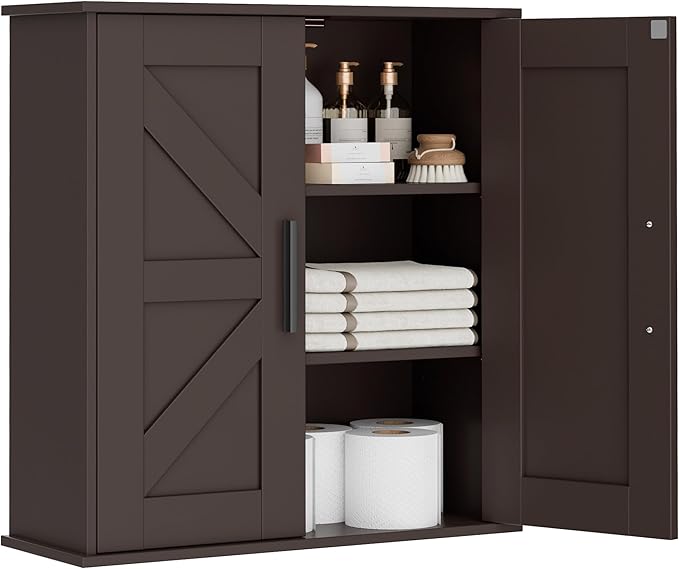 Homleke Bathroom Wall Cabinet, Over Toilet Storage Cabinet with Barn Doors and Adjustable Shelves, 3-Tier Medicine Cabinet Wall Mounted, for Bathroom, Kitchen, Entryway, Laundry Room, Brown, (7.9" D)