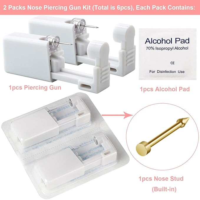 Nose Piercing Gun Kit 6Pcs Disposable Nose Piercing Kit Including 2Pcs Self Nose Piercing Gun with 2PCS Built-in Nose Stud and 2PC Clean Tools for Nose Cartilage Piercing Kit(Gold)