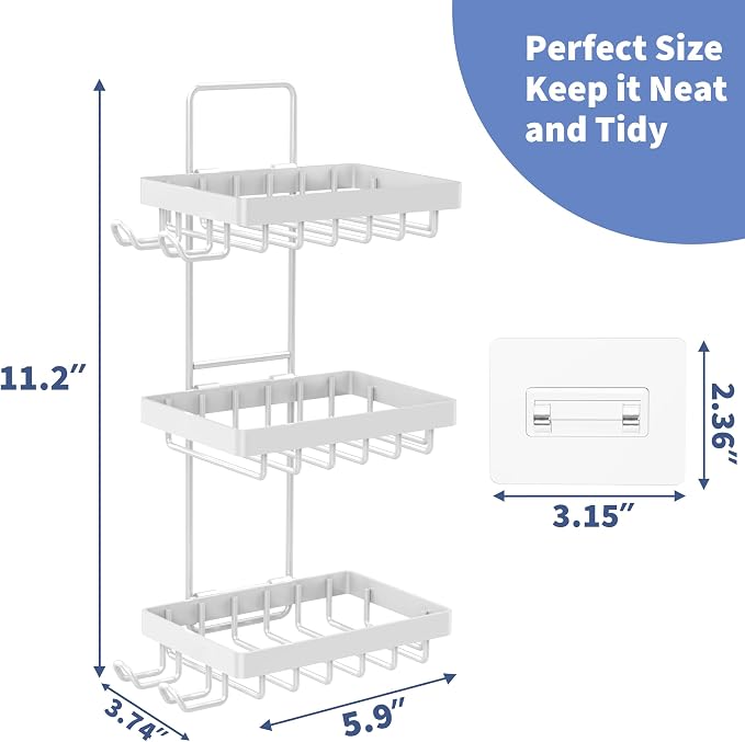 Moforoco 3-Tier White Soap Bar Holder for Shower, No Drilling, 304 Stainless Steel, Wall Mounted Soap Holder with 4 Hooks and Razor Holder, Shower Rack Soap Tray Bar Soap for Bathroom Accessories