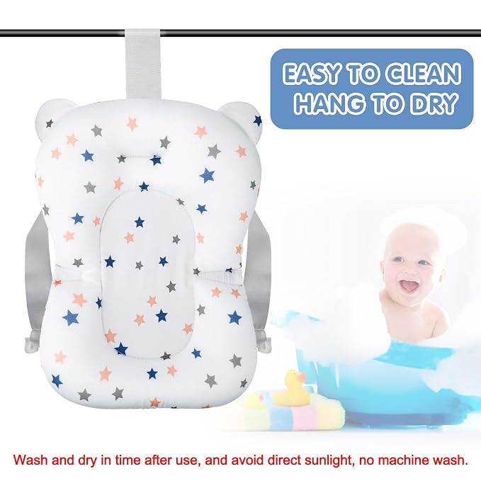 Colorlife Baby Bath Seat Support Net Infant Bathing Seat Support Mat, Adjustable Comfortable Non-Slip Three-Pointed Baby Shower Bathtub Sit Up Mesh for Newborn 0-12 Months-White Star(No Bathtub)
