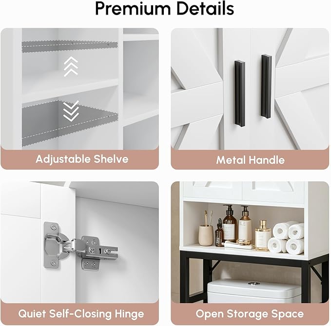 USHOWER Over The Toilet Storage Cabinet, Bathroom Organizers and Storage with Barn Doors, Thicken Metal Stand & MDF Wood Above Toilet Storage Cabinet, Freestanding Space Saver, White