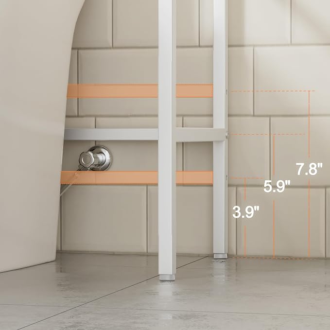 4-Tier Over The Toilet Storage, Bathroom Organizer, Space-Saving, 72" H Above Toilet Storage Rack with 4 Hooks and Paper Holder, Metal Shelf, White
