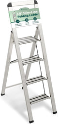 Step Ladder 4 Step Folding, Decorative - Modern Beautiful Silver Aluminum,Lock Mechanism, Ultra Slim Profile, Anti Slip Steps, Sturdy-Portable for Home, Office, Kitchen, Photography Use,by SORFEY