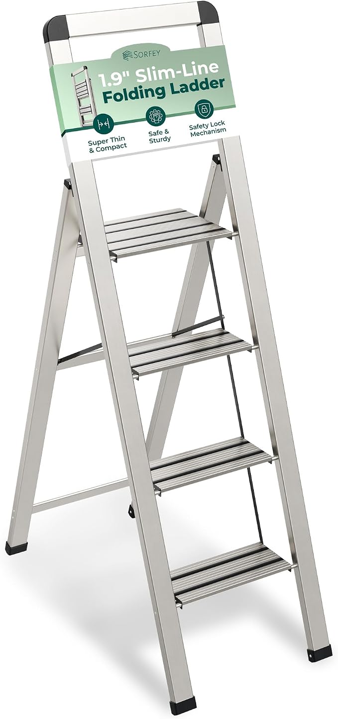 Step Ladder 4 Step Folding, Decorative - Modern Beautiful Silver Aluminum,Lock Mechanism, Ultra Slim Profile, Anti Slip Steps, Sturdy-Portable for Home, Office, Kitchen, Photography Use,by SORFEY