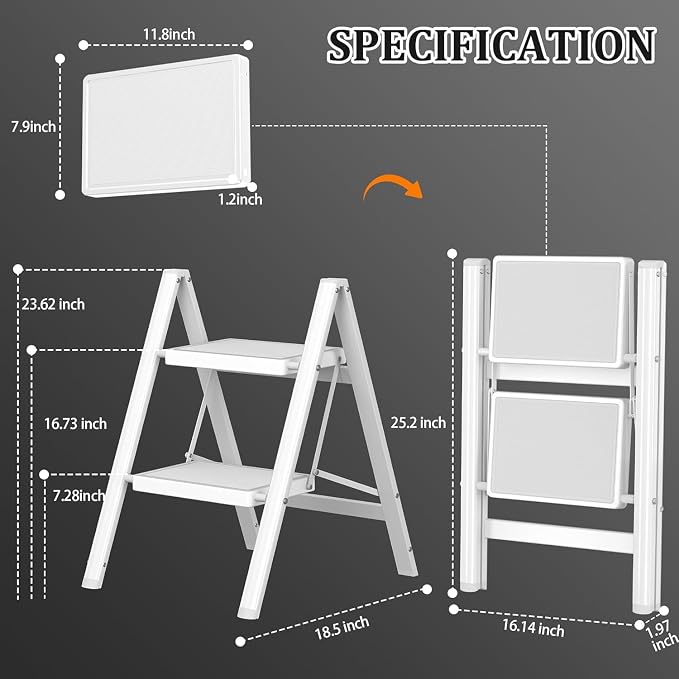 DIAMONDFORGE 2 Step Ladder, Folding Step Stool with Anti‑Slip Wide Pedal & Soft Grip Handle, Sturdy Steel Ladder with 330 lbs Capacity, Non‑Slip Feet for Home, Kitchen & Office, White
