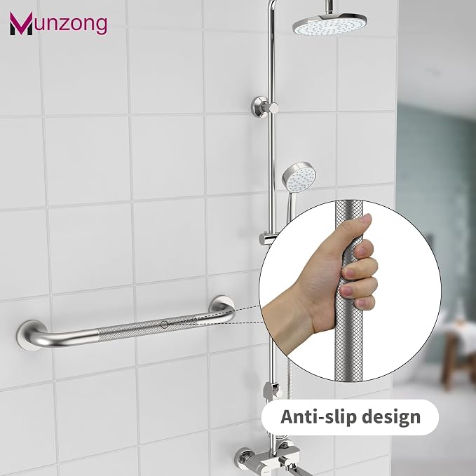 16 Inch Anti Slip Shower Grab Bar,Munzong Stainless Steel Handicap Grab Bars for Bathtubs and Showers,Brushed Nickel Knurled Balance Bar,Safety Hand Rail Support Elderly Senior Bath Handle