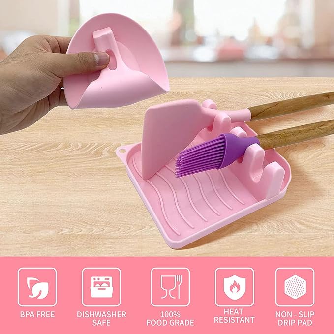 2 Pack Multiple Utensil Spoon Rest with Drip Pad Non-Slip Heat Resistant Kitchen and Grill Spoon Holder for Spatula, Ladle, Tongs, Kitchen Gadgets, and Cooking Accessories (Cute Pink)