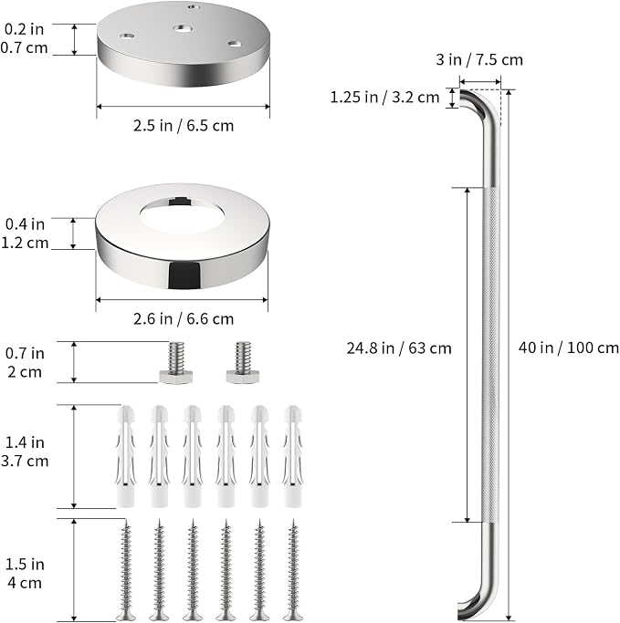 Chrome Grab Bar 40 Inch, iHansee Anti-Slip Bathroom Grab Bar w/Knurled Grip, Stainless Steel Safety Handrail for Toilet Bathtub Shower, Wall Mounted Matte Black Handicap Bars Handle for Senior Elderly