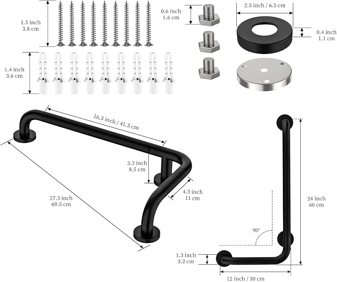 L-Shaped Angled Grab Bar 12x24 Inch Matte Black Anti-slip Knurled Shower Handles Wall Mount, 1.25" Diameter Shower Bars for Seniors Injured Balance Support, Handicap Grab Bars for Bathtubs and Showers
