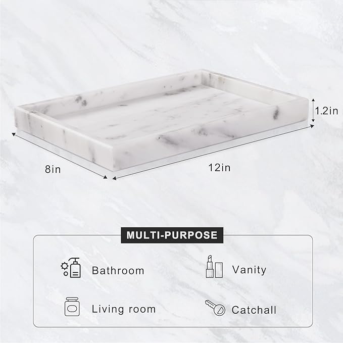 Bathroom Tray for Countertop, Marble Perfume Tray for Dresser Organizer, Marble Tray for Bathroom Counter & Home Decor, Natural Decorative Stone Vanity Trays, 12" x 8", Starry White