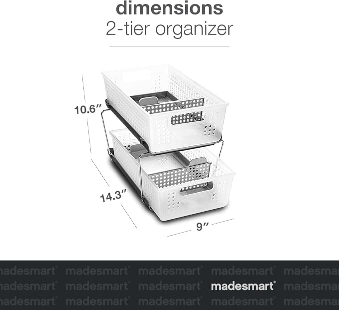 madesmart 2 Tier Organizer, Under Cabinet Storage with Pull Out Sliding Drawers, for Cleaning Supplies, Pantry, Undersink, Sponges, Bottles & Bath, Pull Out Baskets, Frost 2 PACK