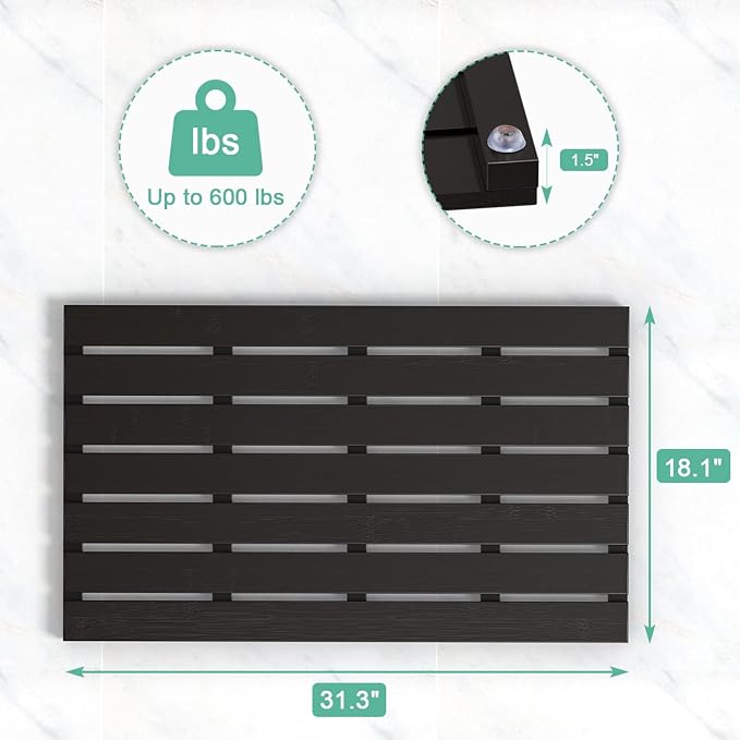 Bamboo Wooden Bath Floor Mat for Luxury Shower - Non-Slip Bathroom Waterproof Carpet for Indoor or Outdoor Use (Black,31.3 x 18.1 x 1.5 Inches)