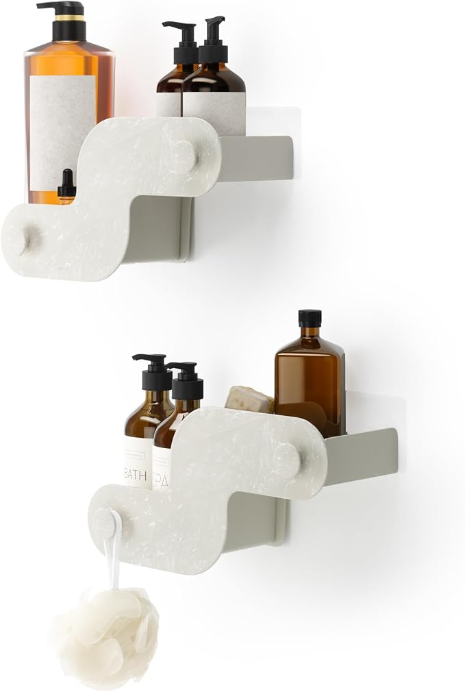 Umbra Nami Shower Caddy Set of 2 – Adhesive Shower Shelf, No Drill Wall Mounted Bathroom Organizer, Rust-Free Plastic Shower Storage Baskets for Shampoo & Toiletries, Ocean Sand