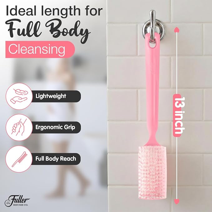 Fuller Brush Bath Brush with Long Handle - 13 Inch Back Scrubber for Shower - Gentle Exfoliating Body Brush for Wet or Dry Brushing - Ergonomic Non-Slip Grip with Hanging Hole – Soft Pink