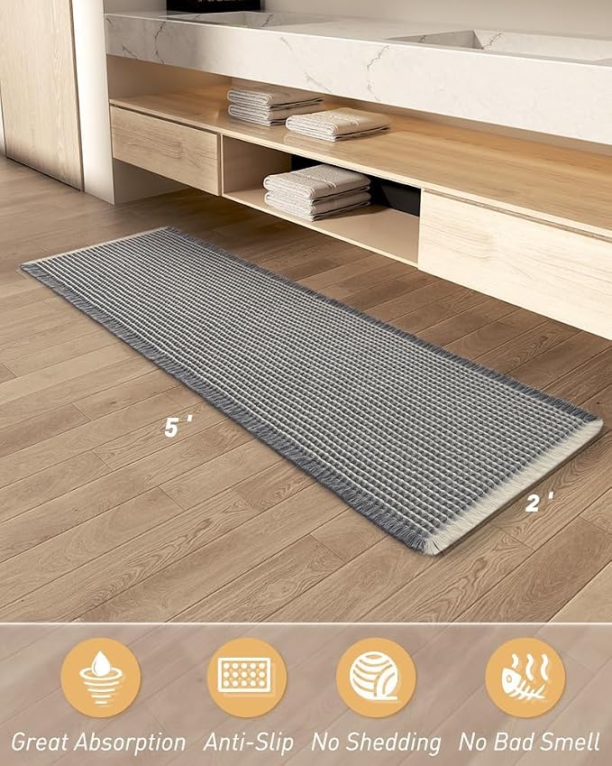 Upgraded Waffle Runner Rug Super Absorbent Non Slip Bath Mats for Bathroom Washable Bathroom Runner Rug with Tassels, Ideal for Hallway Bedroom Laundry Room, Dark Grey & Cream, 2' x 5'(24" x 60")
