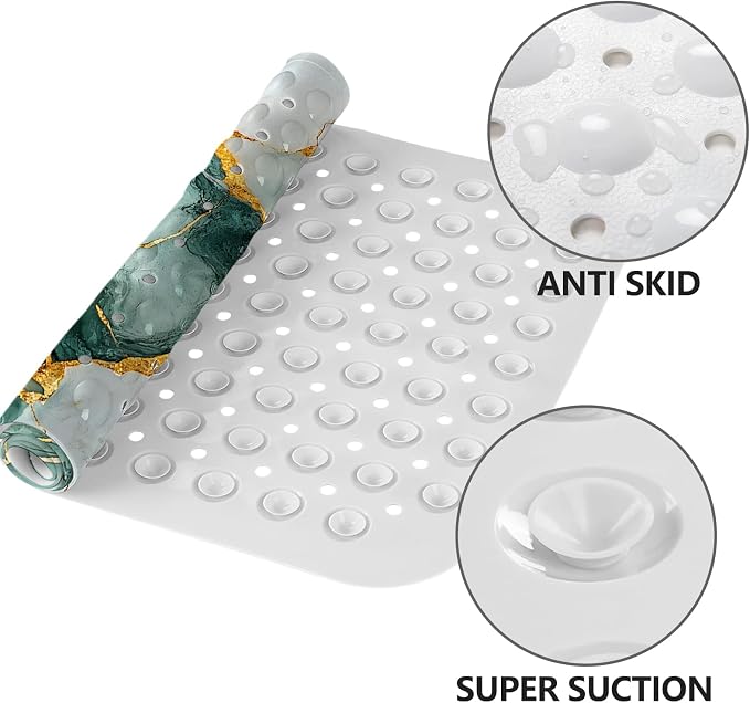 LNOND Marble Bath Tub Mat Non Slip, Extra Long 40 X 16 Inch Anti Slip Mat for Bathtub, Green Gold Marble Shower Mat with Drain Holes and Suction Cups, Machine Washable