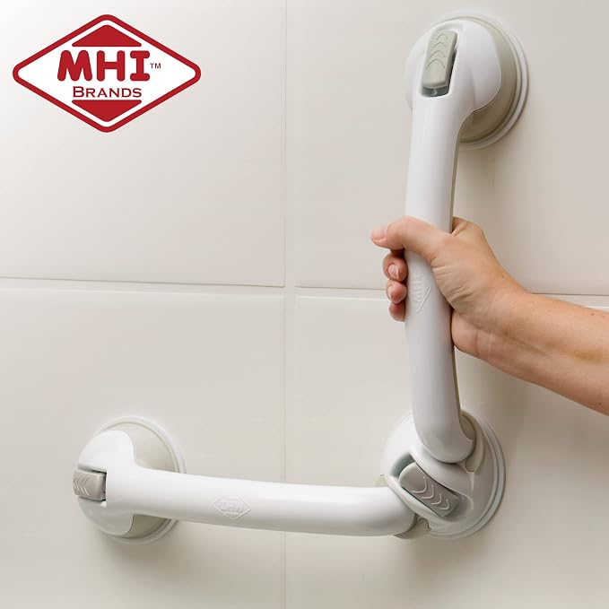 Safe-er-Grip Changing Lifestyles Swivel Suction Grab Bar, No-Tool No-Drill Bathroom Assist Handle for Shower & Bathtub, 180° Rotating Grip, 28 Inch, White/Gray