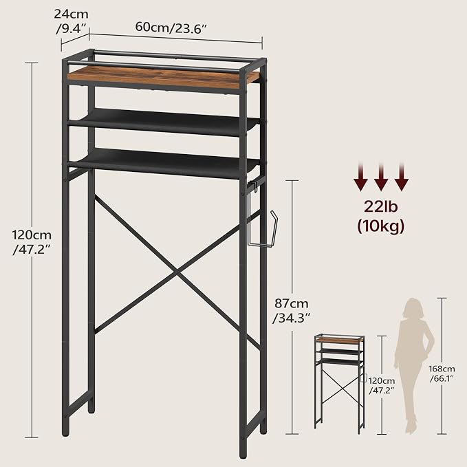 MAHANCRIS Over Toilet Storage, 3-Tier Bathroom Organizer Shelf with Toilet Paper Holder, Freestanding Space Saver Bathroom Shelves Above Toilet for Bathroom, Laundry Room, Rustic Brown TSHR1201