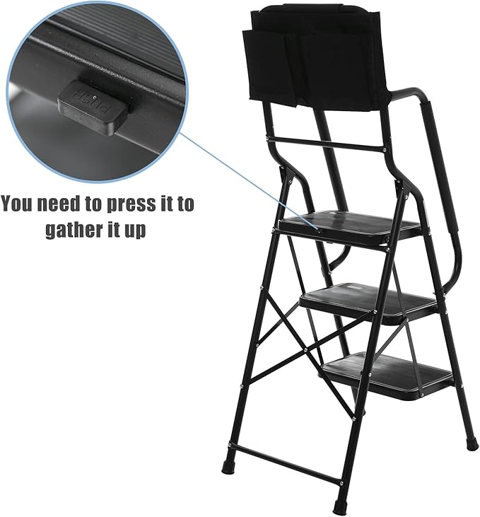Wiberwi 3 Step Ladder with Handrails 500 lb Capacity Step Stool Folding Portable Ladders for Home Kitchen Steel Frame with Non-Slip Wide Pedal Stepladder with Attachable Tool Bag Black