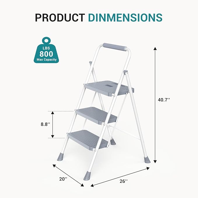 OLIXIS 3 Step Ladder, 880lbs Heavy Duty Sturdy Step Stool with Anti-Slip Pedal & Comfortable Handrail, Portable Step Stool for Kitchen, Garage & Outdoor Use, Grey