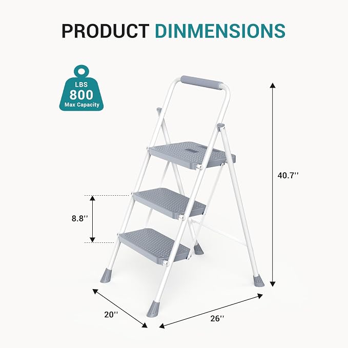OLIXIS 3 Step Ladder, 800lbs Capacity Foldable Step Stool with Anti-Slip Pedal, Sturdy Steel Ladder & Comfortable Handrail, Protable Heavy Duty Step Stool for Kitchen, Garage, Outdoor Use - Grey