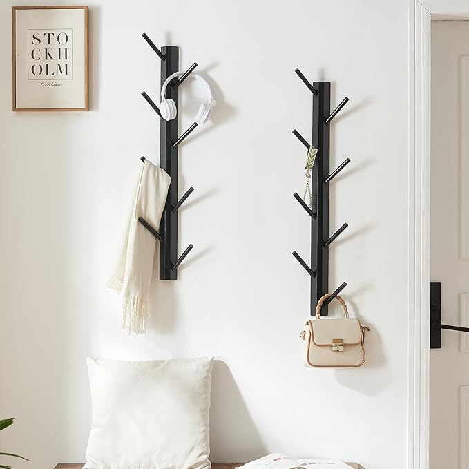 TIOPGHAD 2 Pack Coat Rack Vertical Wall Mount, Bamboo Coats Hooks Clothes Holder Hanger for Wall Coat Hat Jacket Clothing Bathroom Robes Mudroom Entryway(Black)