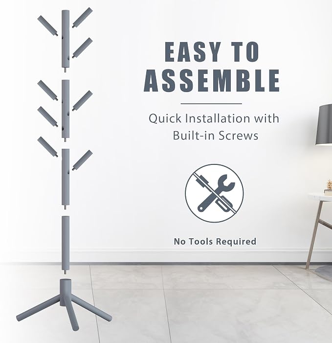 Haddockway Wooden Coat Rack Stand with 8 Hooks New Zealand Pine 3 Adjustable Coat Standing Tree Easy Assembly for Coats, Hats, Scarves and Handbags for Entryway, Hallway, Bedroom, Office