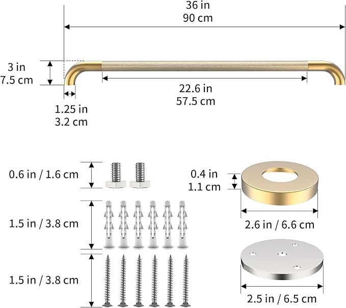 36 Inch Brushed Gold Grab Bars for Shower with Anti-Slip Knurled Grip,YuanDe Stainless Steel Bathroom Grab Bars, Shower Handrail Support, Handicap Elderly Balance Assist Handles