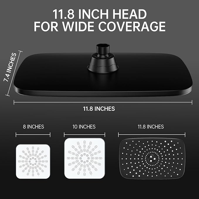 Veken 11.8 Inch Rectangle Rain Shower Head - Showerheads with 6 Modes Handheld Spray Combo - Wide Rainfall shower with 70" Hose - 1.8gpm Dual Showerhead with Anti-Clog Nozzles - Matte Black