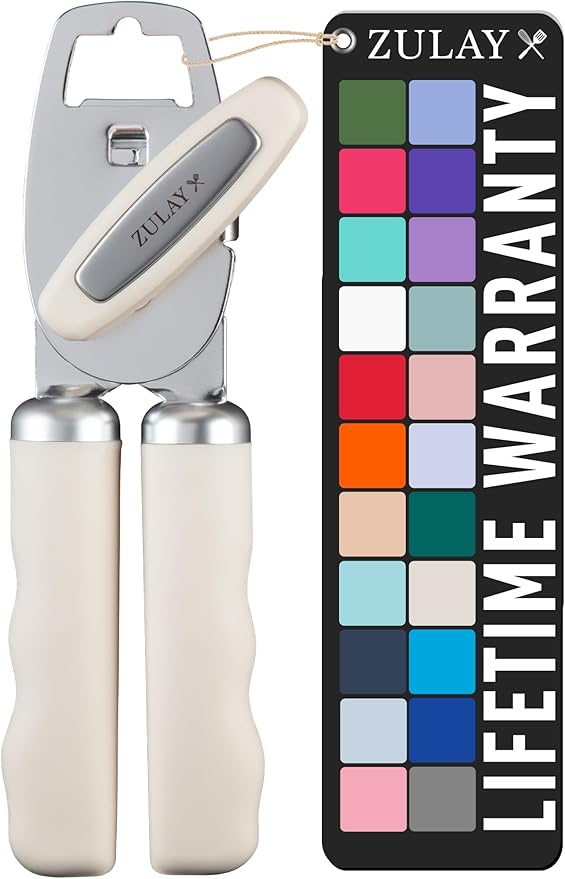 Zulay Kitchen Heavy Duty Stainless Steel Can Opener Manual with Bottle Opener - Rust Proof Manual Can Opener With Turn Knob & Comfy Soft Grip Handles - Cream