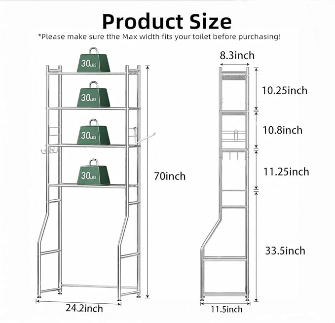Ekisemio Over the Toilet Storage Cabinet, Metal 4 Tier Bathroom Shelves Over Toilet, Bathroom Oragnizer with 4 Hooks and Paper Holder, Chrome