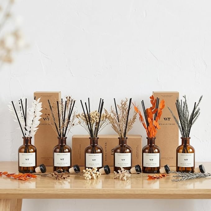 WEALD TRIBE Flower Reed Diffuser Set Vanilla Cinnamon Scent for Bathroom Air Fresheners | 4.0 fl oz Essential Oils with Sticks Home Fragrance Defusers | House Bedroom Office Shelf Decor & Gift