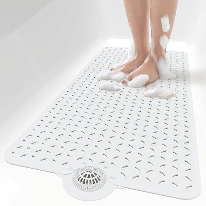OTHWAY Bath Mat for Tub Non Slip: 39" X 17" Long Bathtub Mat with Hair Catcher│Big Drain Holes Shower Mats for Inside Shower│Machine Washable (White)