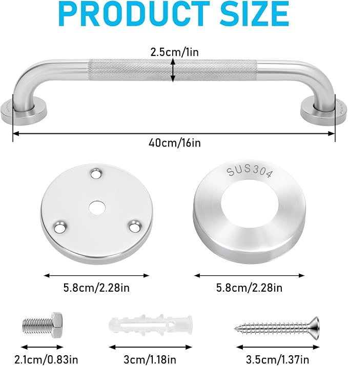 2-Pack Shower Grab Bars & Bathtub Safety Handles - 304 Stainless Steel Textured Non-Slip Assist Rails for Seniors & Mobility Support - Anti-Fall Bathroom Support for Tub, Shower & Toilet Area, 16 Inch