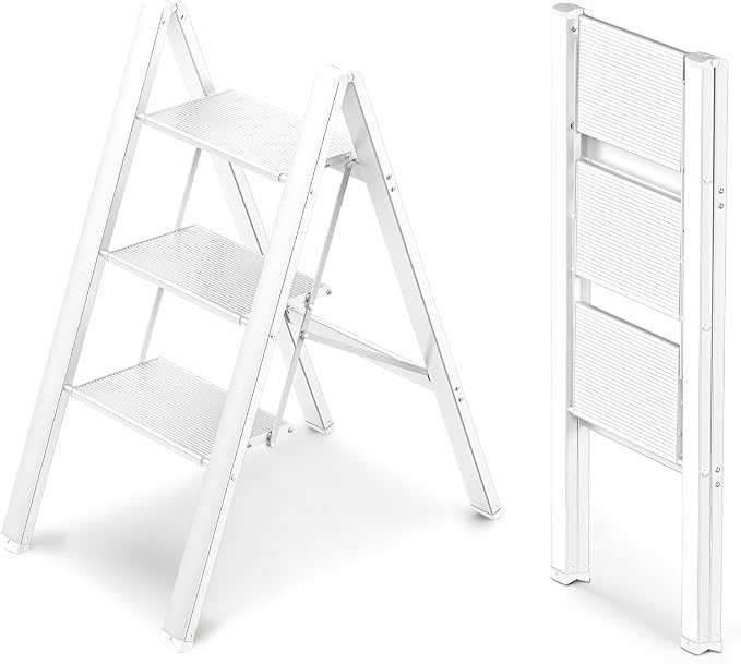WOA WOA 3 Step Ladder, Foldable Step Stool, Lightweight Ladder for Home Kitchen Closet, Anti-Slip Aluminum Pedals, Ease of Folding, Portable, 300lbs Capacity - White