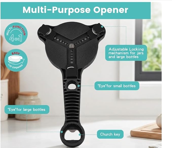 4-in-1 Jar Opener for Seniors with Arthritis, Easy Grip Bottle Opener for Weak Hands, Effortless Twist Off Lid Remover, Non-Slip Kitchen Gadget