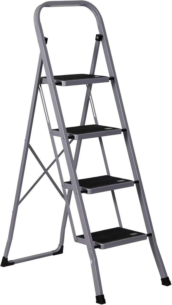 ZENY 4 Step Ladder Folding Step Stool with Wide Anti-Slip Pedal, Convenient Handgrip, Portable Steel Step Stool, 330 lbs Sturdy Steel Ladder for Household and Office, Gray