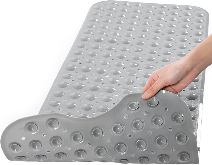 TEESHLY Bathtub Mats for Shower Tub, Extra Long Non-Slip 39 x 16 Inch Bath Mat with Drain Holes and Suction Cups, BathMat for Bathroom with Machine Washable (Opaque Gray)