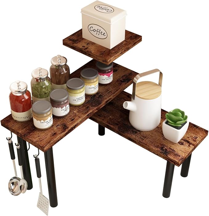 Homode Kitchen Countertop Organizer - 3 Tier Corner Shelf, Bathroom Counter Organizer, Spice Rack, Coffee Bar, Over Sink, Rustic Brown