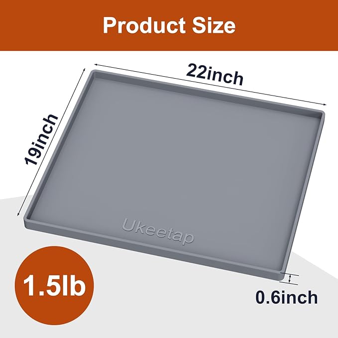 ukeetap Extra Thick Silicone Mat Waterproof with Raised Edge 22" x 19", Under Sink Mat for Kitchen & Bathroom, Kitchen Cabinet Liner, Multi-Purpose for Storage & Protection, Gray
