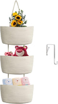 TeoKJ Over the Door Hanging Basket, 3-Tier Woven Cotton Wall-Mounted Storage Organizer Bag Decorative Hanging Nursery Baskets, White