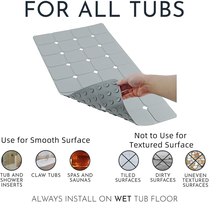 Bathtub Mat Non Slip 15" x 28" Silicone Foldable Tub Mat with Strong Suction Cups & Large Drain Holes, Durable & Eco-Friendly, for Smooth Surfaces, Ideal for Seniors, Adults Grey