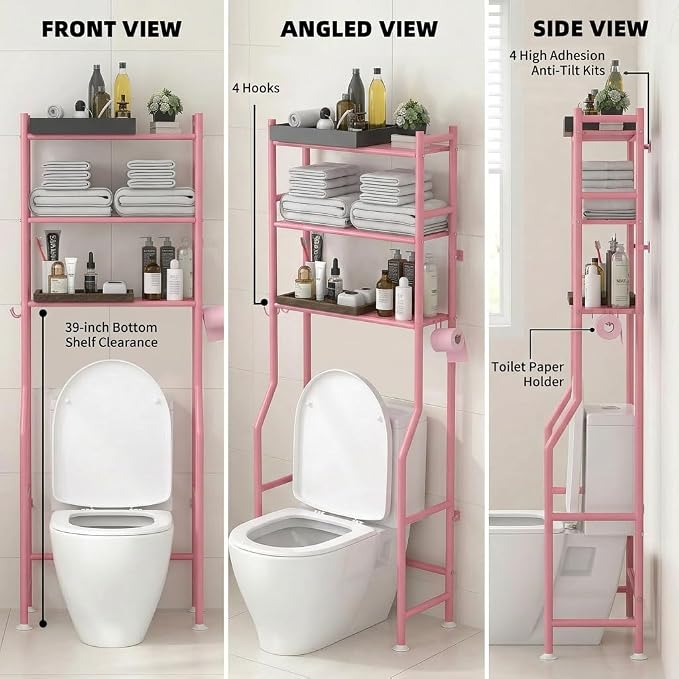 GloTika 3-Tier Over Toilet Storage with Anti-Tilt Safety System - 150lb Total Capacity Metal Bathroom Shelves Including Paper Holder & 4 Hooks, Space Saving Above Commode Organizer (64" H, Pink)