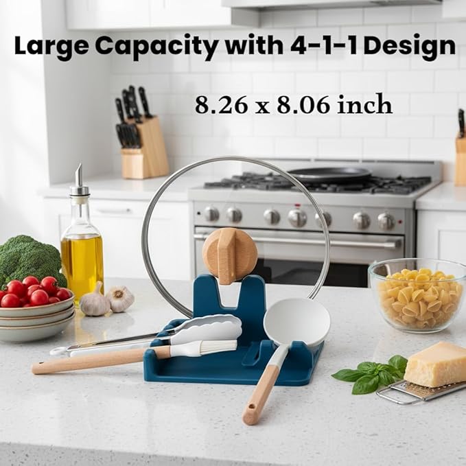 Auoon Silicone Spoon Rest with Lid Holder - 3 in 1 Kitchen Utensil Rest for Soup Ladles, Pot Lids, Spatulas, Spoons, Tongs, BPA Free & Dishwasher Safe, 8.26 x 8.06 Inch (Fog Blue, Large)